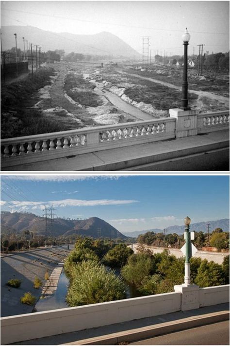 Los Angeles and Southern California Nostalgia | Los Angeles River before and after channelization as seen from the Glendale-Hyperion Bridge | Facebook Old Los Angeles, Los Angeles River, Angeles Aesthetic, Los Angeles Aesthetic, California History, Northeast Ohio, Los Angeles Area, Old Tv, Urban Planning