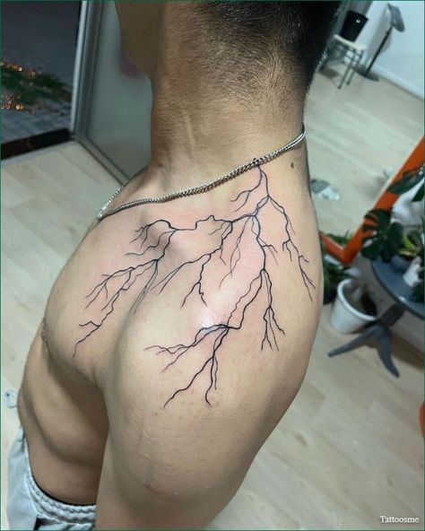 Chest Lightning Tattoo, Lighting Shoulder Tattoo Men, Cover Up Shoulder Tattoo Men, Mens Tatoos Idea, Aesthetic Shoulder Tattoo, Shoulder Chest Tattoo Men, Ride The Lightning Tattoo, White Lighting Tattoo, Male Tattoo Ideas Chest