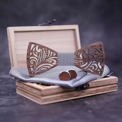 Wood bow tie silver with handkerchief and cufflinks | Etsy Wooden Box Packaging, Groom Bowtie, Traditional Bow, Wooden Bow Tie, Wooden Bow, American Black Walnut, Bow Tie Set, 3d Laser, Hollow Design