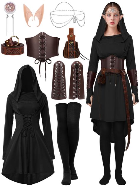 PRICES MAY VARY. Medieval Renaissance Costumes: This meticulous collection includes: 1 hooded dress, 1 elastic corset, 1 belt, 1 pair of leather gloves, 1 leather pouch, 1 pair of long socks, 1 pair of elf ears, 1 elf headpiece, 1 pair of earrings, and 1 face glitter set—totaling 10 intricate pieces. Beautifully designed to meet your renaissance costume and cosplay needs for parties and events. Premium Materials: Crafted primarily from polyester and spandex, the middle ages’ renaissance costume Dungeons And Dragons Costume Ideas, Throne Of Glass Costume, Fantasy Halloween Costumes, Dark Elf Costume, Elf Headpiece, Fairy Costumes, Face Glitter, Fairy Halloween Costumes, Ren Fair