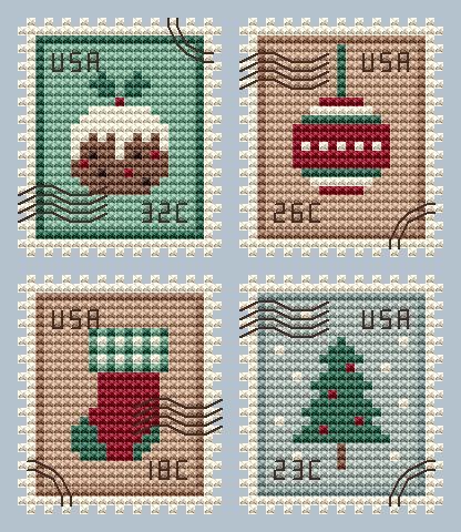 Cute Embroidery By Kate Christmas Postage Stamp - Cross Stitch Pattern - 123Stitch Christmas Card Cross Stitch Patterns, Postage Stamp Embroidery, Postage Stamp Cards Ideas, Cross Stitch Stamp, Small Christmas Cross Stitch Patterns, Stamp Cross Stitch, Free Christmas Cross Stitch, Stocking Cross Stitch Pattern, Mini Cross Stitch Patterns