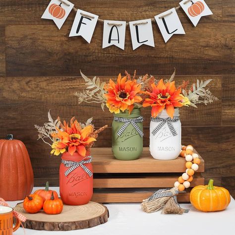 Fall Decor Mason Jar Set- Package includes 3 harvest fall decorated Mason jars, 3 beautiful faux artificial bouquets and 1 rustic wooden tray. Multiple colors of farmhouse Mason jars can give you more decorating inspiration for this Fall season Decor For Console Table, Decorated Mason Jars, Fall Mason Jar Centerpieces, Rustic Wooden Tray, Dinner Table Centerpieces, Centerpiece For Table, Fall Mason Jars, Mason Jar Centerpiece, Thanksgiving Home Decor