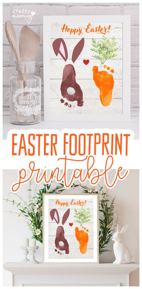 Easter Footprint Bunny and Carrot Craft - Crafty Morning Leprechaun Craft Template, Easter Footprint Crafts, Baby Easter Crafts, Nicu Crafts, Easter Bunny Footprints, Carrot Craft, Baby Handprint Crafts, Baby Footprint Art, Easter Funny