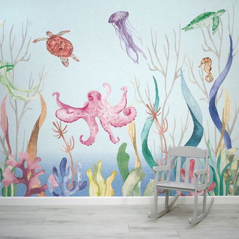 Colourful Sea Creature Underwater Scene Wallpaper | WallpaperMural Sea Murals, Seaside Wallpaper, Mermaid Room Decor, Mermaid Wall Decals, Ocean Mural, Tropical Art Deco, Mermaid Nursery, Scene Wallpaper, Watercolor Mermaid