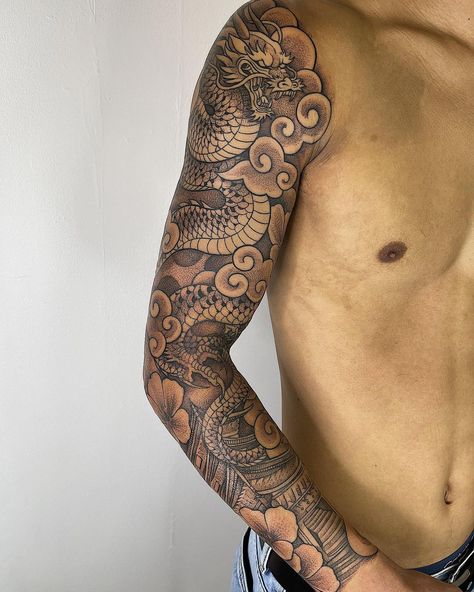 Japanese Dragon Bicep Tattoo, Chinese Dragon Tattoos Sleeve, Japanese Sleeve Tattoos Women Dragon, Dragon Tattoo Sleeve Japanese, Asian Cloud Tattoo Sleeve, Full Dragon Sleeve Tattoo, Chinese Tattoo For Men, Japanese Dragon Tattoo Sleeve For Men, Dragon Tattoo Men Arm Japanese Sleeve