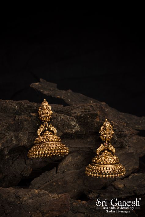 Gold jhumkis, antique goddess jhumkis with unique designs. Indian wedding jewellery designs, jewellery designs for wedding only at sri ganesh diamonds and jewellery, sadashivnagar Indian Wedding Jewellery, Sri Ganesh, Wedding Jewellery Designs, Gold Jhumka, Gold Jhumka Earrings, Indian Wedding Jewelry, Jhumka Earrings, Wedding Jewellery, Jewellery Designs