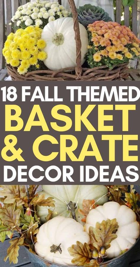 Fall Country Home Decor, Fall Porch Decor With Bushel Baskets, Small Crate Decor Ideas, Fall Baskets For Front Door, Mums In Baskets, Fall Basket Centerpieces For Table, Decorating With Baskets Inspiration, Harvest Home Decor, Decorating With Bushel Baskets