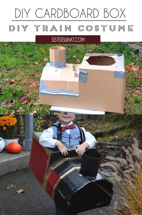 Train Halloween Costume Family, Train Cardboard Box Diy For Kids, Train Costume Toddler, Wearable Cardboard Box Train, Adult Train Costume, Train Box Diy, Cardboard Train Costume, Train Halloween Costume Toddler, Railroad Costume Ideas