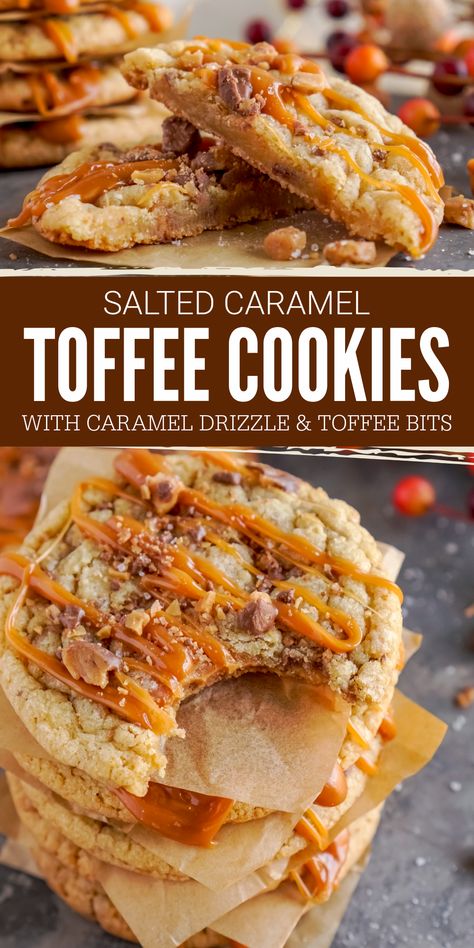 Salted Caramel Toffee Cookies! Easy Toffee Cookies with Sea Salt and Caramel Drizzle! The perfect Cookies for Fall and Thanksgiving! One of my favorite cookie recipes with a burst of flavor! #lemonpeony #toffeecookies #saltedcaramel #fallcookies #thanksgivingdesserts Toffee Bits Recipe, Salted Caramel Toffee, Fall Cookie Recipes, Salted Caramel Cookies, Caramel Drizzle, Toffee Cookies, Caramel Toffee, Coffee Cookies, Toffee Bits