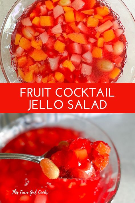 Enjoy fun and refreshing strawberry Jello with Fruit Cocktail! This no bake dessert combines the wiggly delight of Jello with the juicy sweetness of assorted fruits. It's perfect for a summer party or added into a cold packed lunch. Fruit Cocktail Jello, Jello Fruit Cocktail, Jello With Fruit Cocktail, Cold Packed Lunch, Fruit Cocktail Recipes, Fruit Cocktail Salad, Jello Fruit, Jello Fruit Salads, Jelly Salad