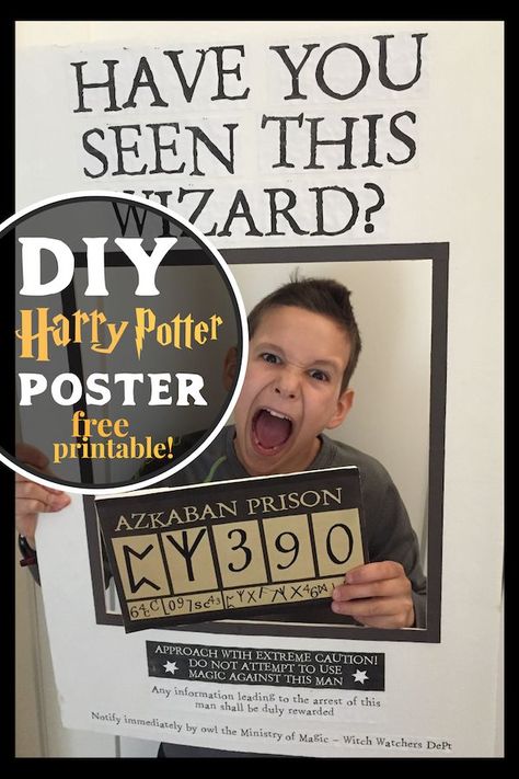 DIY Harry Potter Sirius Black Have you seen this Wizard poster photo booth free printable. Harry Potter and the Prisoner of Azkaban birthday party decor. #papertraildesign #HarryPotter #haveyouseenthiswizard #hogwarts Diy Harry Potter Wanted Poster, Have You Seen This Wizard Poster, Slytherin Bday Party, Have You Seen This Wizard, Pin The Nose On Voldemort Printable, Harry Potter Wanted Posters Printable, Harry Potter Photo Booth, Harry Potter Decoration, Deco Noel Harry Potter