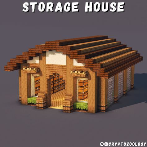 Storage House for Minecraft! Works on both Java and Bedrock. Tutorial is on my YouTube! Shed Minecraft Ideas, Storage Hut Minecraft, Useful Things To Build In Minecraft, Small Minecraft Houses Layout, Farmhouse In Minecraft, Minecraft Flat Roof Design, Minecraft Duo House Ideas, Small Minecraft Building Ideas, Chest House Minecraft