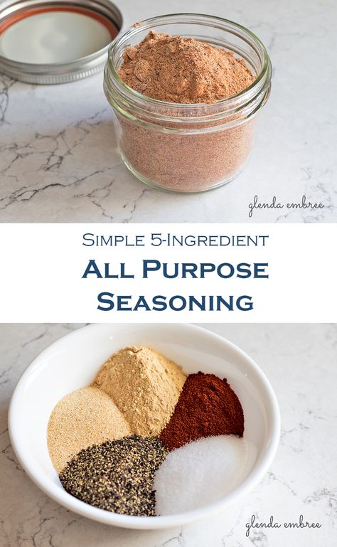 homemade all purpose seasoning in a mason jar and image of ingredients measured into a bowl - salt, pepper, paprika, onion powder, garlic powder All Purpose Chicken Seasoning, Diy All Purpose Seasoning, Savory Seasoning Recipe, Seasoning Blend For Chicken, Homemade All Purpose Seasoning, All Purpose Spice Blend, Homemade Chicken Seasoning, All Purpose Seasoning Blend, Easy Burger Seasoning