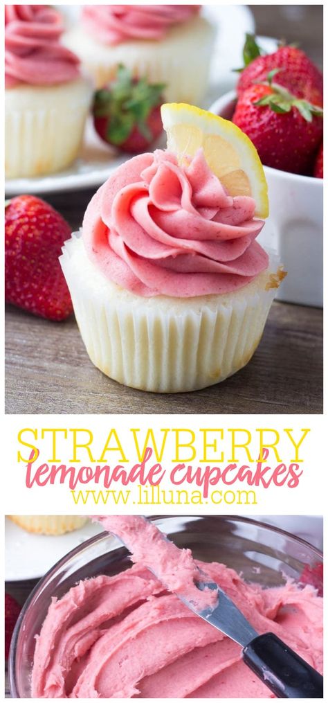 Sweet & Tangy Strawberry Lemonade Cupcakes start with fluffy, moist lemon cupcakes and are topped with a fresh strawberry frosting! #strawberrylemonadecupcakes #lemonadecupcakes #strawberrylemonade #strawberrycupcakes #cupcakes Moist Lemon Cupcakes, Strawberry Lemonade Cupcakes, Lemonade Cupcakes, Biscotti Al Cacao, Freezer Recipes, Easy Cupcake Recipes, Strawberry Frosting, Cake Pop Recipe, Savory Cakes