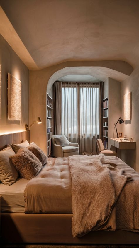 Cozy bedroom with a large bed, fluffy pillows, a soft blanket, and a reading nook by a window with sheer curtains. Cosy Warm Bedroom Aesthetic, Fluffy Bedding Ideas, Cozy Hotel Room, Comfy Bedroom Ideas, Blankets Fluffy, Uni House, Cozy Bedroom Decor Ideas, Cozy Bedroom Aesthetic, Cozy Bedroom Decor