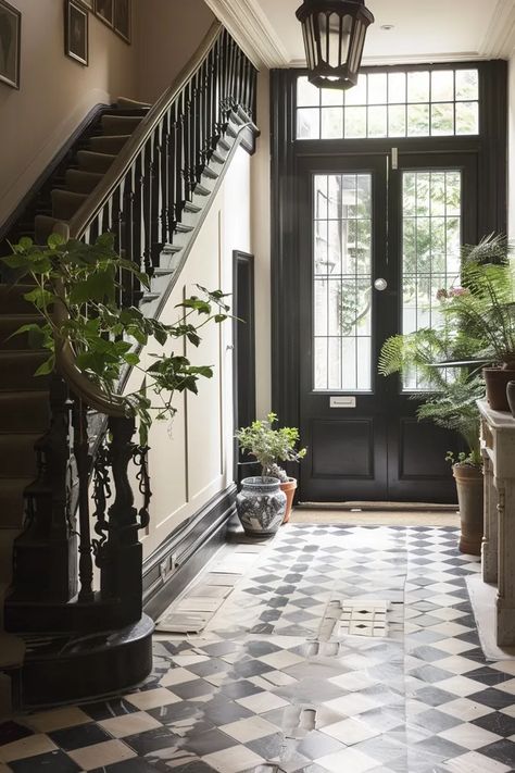 The image shows an elegant hallway with a black and white checkered floor. There is a dark wood staircase with a black railing leading to the second floor ->> more details in ai-img-gen.com Black And White Checkered Tile Floor, Classic Hallway Design, Black And White Tile Hallway, Checkered Floor Entryway, Black And White Tile Entryway, Black And Wood Staircase, Dark Wood Staircase, Door With Glass Panels, Victorian Entryway