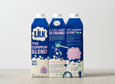 Milk Cartons, Milk Brands, Milk Packaging, Quirky Illustration, Milk Alternatives, Blue Milk, Plant Based Milk, Milk Carton, Sustainable Packaging