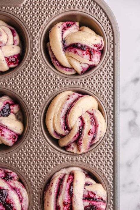 Blueberry Rolls, Blueberry Glaze, Brioche Dough, Sweet Roll, Bakery Recipes, In Front Of House, Muffin Tin, Breakfast Breads, Front Of House