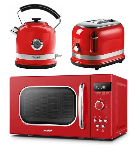 Red Retro Kitchen Set Ariete Jug Kettle & Toaster with Microwave Oven COMFEE'  8 Cooking Presets: Enjoy the convenience of 8 cooking presets for popular microwave dishes including pasta, soups, baked potatoes and more Express Cook: Start cooking with just one touch of a button, saving precious time when you're in a rush Retro Style: The vibrant red colour and retro casing on this solo microwave will add a splash of colour and a unique touch to your kitchen. Exterior: 44 x 35.7 x 25.8 cm, Interio Pnw Farmhouse, Kitchen Exterior, Red Toaster, Pasta Soups, Kettle Toaster, Microwave Dishes, Red Things, Kettle And Toaster, Red Retro