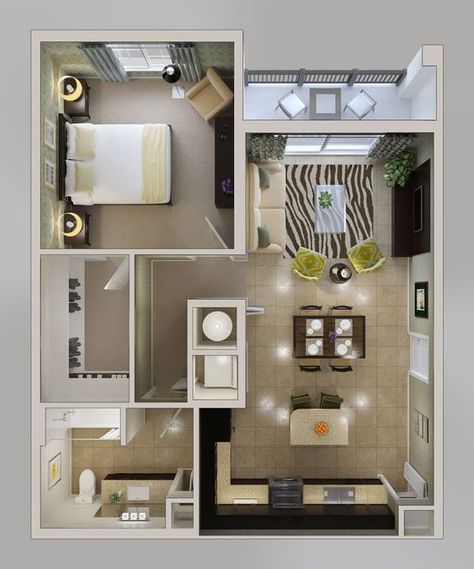 Studio Apartment Floor Plans, Apartemen Studio, 1 Bedroom House, Apartment Floor Plan, Apartment Floor Plans, Appartement Design, Apartment Layout, Apartment Plans, 1 Bedroom Apartment