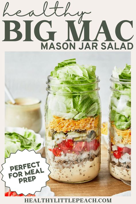 Skip the burgers and try the most delicious Big Mac Salad recipe! Meal prepped in mason jars and stored for easy grab-and-go lunch or dinner, this delicious salad has all the fixings of everyone’s favorite fast food, with simple, fresh ingredients and no bun! Healthy Big Mac Salad, Healthy Big Mac, Big Mac Salad Recipe, Mason Jar Meal Prep, Mac Salad Recipe, Mason Jar Lunch, Salad Jar Recipe, Big Mac Salad, Jar Salad