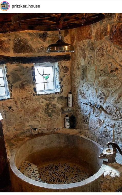 Castle Style Bathroom, Outdoor Bathroom Design, Rustic Bath, Stone Shower, Stone Interior, Rustic Bathroom Designs, Stone Bathroom, Stone Bath, Rustic Home Design