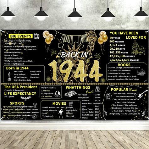 PRICES MAY VARY. 【Review 1944 Amazing Journey】 Take a look back in 1944, This black gold 80 birthday banner makes a great conversation starter! The Back to 1944 themed banner is exquisitely designed and fun, great gift or decoration for 80th birthday party, 80th wedding anniversary or 1944 class reunion. 【Large Size】 Happy 80th birthday banner backup decorations. The banner is 180 x 110 cm/ 70.8 x43.3 inches. big enough to decorate your 80th birthday theme party and make your birthday party more 70th Birthday Banner, 40th Birthday Themes, 90th Birthday Decorations, 40th Birthday Men, Birthday Decorations For Women, 80th Birthday Decorations, 70th Birthday Decorations, Men Back, 60th Birthday Decorations