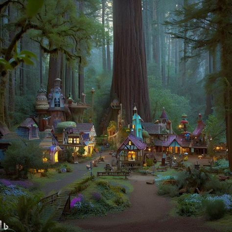 Fae Village, Woods Home, Story Edit, Haunted Forest, Fantasy Stuff, Wood Elf, Redwood Tree, Quaint Village, Beautiful Background