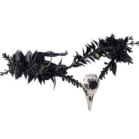 PRICES MAY VARY. Gothic Design: The gothic raven crown has a dark and sophisticated design, with black elements such as flowers and leaves that give off an elegant and gothic look that's perfect for any occasion. High-quality Materials: The raven skull crowns are made of sturdy simulated leaves and flowers with sturdy frame and rhinestone, ensuring that they can last for years to come. Handmade Finishing: The black crow skull floewr headbands are purely handcrafted to ensure that each item is un Persephone Flower Crown, Pagan Wedding Crown, Gothic Wedding Tiara, Gothic Wedding Hair Accessories, Dark Fairy Fashion, Renfaire Wedding, Nyx Costume, Dark Fairy Cosplay, Gothic Fairy Costume