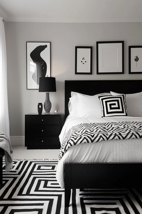 Discover industrial edge with timeless appeal in our curated collection of 50 black and white bedroom designs, illustrating how to infuse your space with urban chicness and classic elegance. Black Bedroom Ideas Elegant, Black And White Small Bedroom Ideas, Grey Room Ideas Bedroom Aesthetic, Black And White Modern Bedroom, Black And White Bedroom Aesthetic, Black And White Bedroom, Grey Room Ideas Bedroom, Grey And White Room, Black And Grey Bedroom