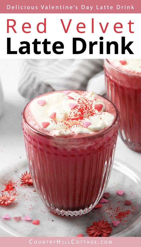 glass of red velvet latte with whipped cream topping Red Velvet Coffee, Red Velvet Latte, Instant Coffee Recipes, Valentine Drinks, Coffee Latte Art, Coffee Valentines, Coffee At Home, Birthday Coffee, Beet Juice