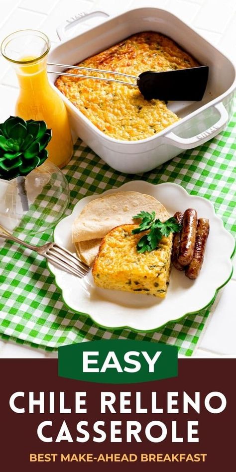 This easy chile relleno casserole is the best make-ahead breakfast recipe. Made with mild fire-roasted green chiles, eggs and cheese, it's a savory breakfast bake for Sunday brunch. Serve with warm corn tortillas and sausage or bacon to assemble breakfast tacos. This breakfast casserole is a family favorite! Enjoy it for baby showers, wedding showers, Christmas morning, Easter, and as a delicious weekday meal. Slice into small squares for party appetizers! #chilerellenocasserole #breakfast Chile Relleno Casserole Recipe, Best Potluck Dishes, Easy Chile, Relleno Casserole, Chile Relleno Casserole, Breakfast Tacos Recipe, Yummy Casserole Recipes, Chile Relleno, Best Casseroles