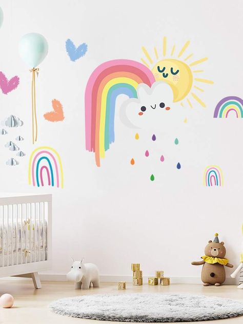 Wallpaintings Ideas, Rainbow Mural, Kids Room Wall Stickers, Cloud Pattern, Wall Decor Decals, Kids Interior Room, Cartoon Wall, Clouds Pattern, Rainbow Cloud