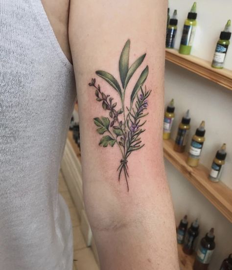 Herb Bunch Tattoo, Herb Tattoos For Women, Herb Bouquet Tattoo, Bundle Of Herbs Tattoo, Arugula Tattoo, Witchy Herb Tattoo, Bouquet Garni Tattoo, Herbarium Tattoo, Herb Tattoo Ideas