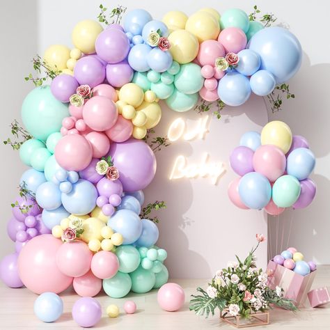 Pastel Balloons Decoration, Pastel Baby Shower Ideas, Pastel Rainbow Balloon Arch, Ice Cream Birthday Party Decorations, Pastel Balloon Arch, Pastel Balloon Garland, Pastel Rainbow Decor, Ballon Decoration, Rainbow Birthday Decorations