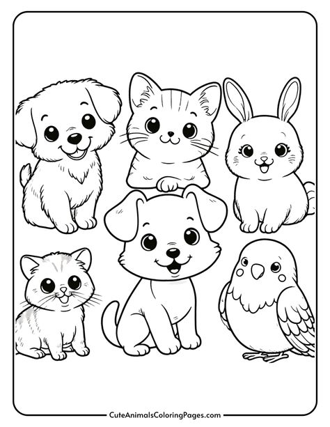 Coloring page featuring six cute animals: a puppy, kitten, bunny, and a bird, designed for kids and animal lovers. Perfect for creative activities and enhancing fine motor skills. Pet Printables Free Preschool, Preschool Animal Coloring Sheets, Pet Art Projects For Kids Preschool, Pet Activity For Preschoolers, Pet Theme Preschool Activities Free Printable, Pets Theme Preschool Activities, Pet Animals Worksheets For Kids, Pet Theme Preschool, Pet Theme Preschool Activities