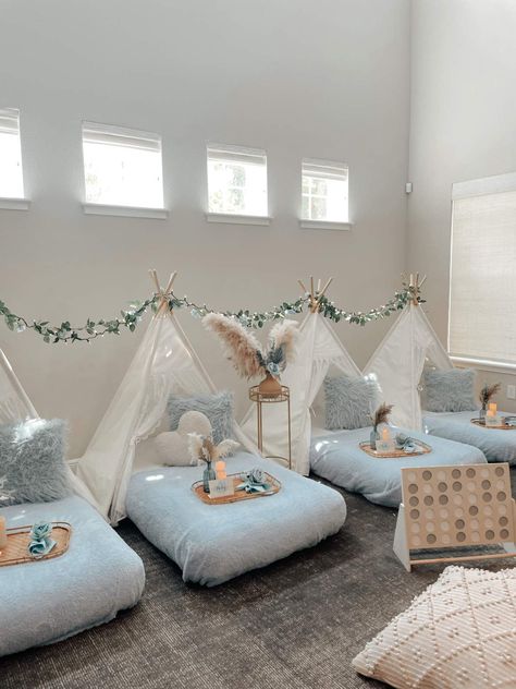 Blue & Boho Teepee Sleepover Birthday Party Ideas | Photo 5 of 8 | Catch My Party Sleepover Birthday Party Ideas, Homemade Forts, Slumber Party Decorations, Fun Sleepover Activities, Teepee Sleepover, Boho Teepee, Teen Sleepover Ideas, Sleepover Room, Sleepover Birthday Party