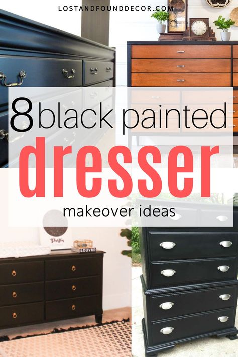 Black continues to be one of the most popular colors for furniture makeovers, and it’s easy to see why. A sleek, dark color finish like black can fit with just about all home decor styles, from modern to farmhouse. I’m going to share with you lots of ideas for how you can take old furniture and give it a whole new look using a variety of black paint and techniques. Black And Brown Dresser Makeover, Redo Dresser Ideas Black, Black And Brown Painted Furniture, Painted Black Dresser Ideas, Diy Black Furniture, Refinish Desk, Black Dresser Diy, Matte Black Furniture, Black Painted Dresser