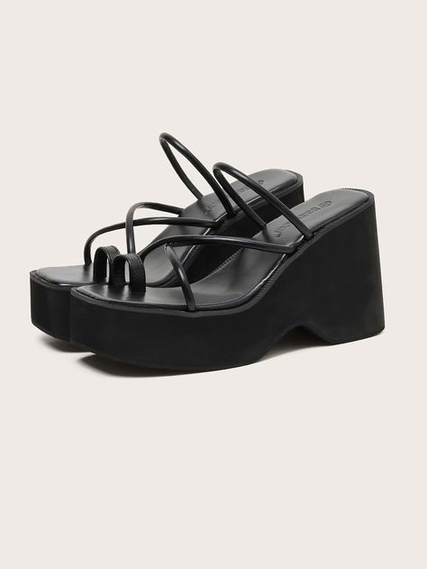 Black Punk Collar   Plain Wedges Slide Sandals Embellished   Women Shoes Platform Thong Sandals, Toe Ring Designs, Dr Shoes, Black Platform Sandals, Black Platform Heels, Fancy Shoes, Strap Sandals Women, Platform Slippers, Aesthetic Shoes