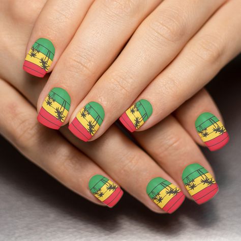 Vacation Nail Art, Island Palm Trees, Jamaican Flag, Rasta Colors, Minx Nails, Vacation Nails, Tropical Island, Island Vacation, Tropical Islands