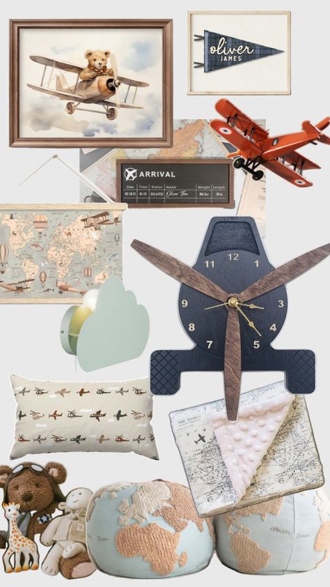 Selection of plane themed decor items such as vintage art in frame of bear piloting a plane, large front of plane shaped clock, blanket, world shaped cushions, plane pillow, cloud wall sconce, etc Baby Boy Airplane Nursery, Aviation Nursery Boy, Airplane Nursery Theme, Aviation Bedroom, Airplane Nursery Boy, Airplane Room Decor, Airplane Boys Room, Happy Birthday Marines, Vintage Airplane Nursery