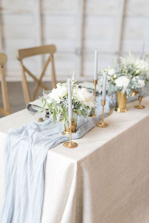 Romantic rustic style meets French elegance in this utterly sweet Wisconsin barn wedding shoot from Christy Janeczko Photography and Allure Premiere Event Florists! The whitewashed surroundings of ceremony and reception venue, The Mill Events, inspired the light and airy palette of white, gray, and subtle tones of blue and organic green. Rustic Romance Wedding, French Country Wedding, Wedding London, Grey Wedding Dress, Idee Babyshower, Blue Table Runner, Elegance Wedding, Romance Wedding, Light Blue Wedding