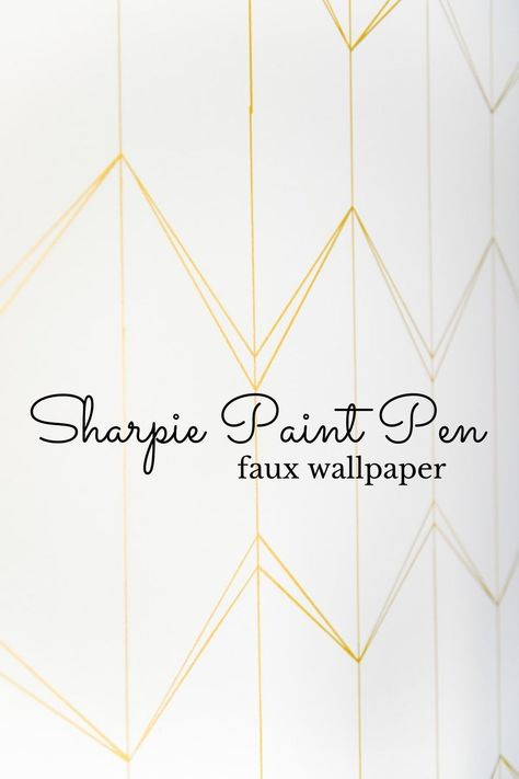 Faux Wallpaper Paint Sponge, Gold Wall Accents, Paint Faux Wallpaper, Diy Faux Wallpaper Accent Wall, Sharpie Wallpaper Diy, Gold Sharpie Wall, Paint Pen Wall Design, Gold Stencil Accent Wall, White And Gold Accent Wall