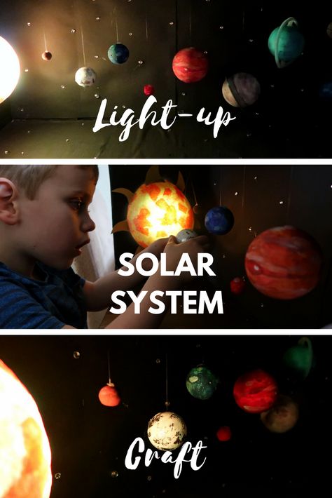 Light-up Solar System Craft - how to create a model solar system with stars, planets and a glowing sun. Diy Solar System Project, Model Solar System, Solar System Craft, Diy Stars, Sun System, Solar System Projects For Kids, Solar System Mobile, Diy Solar System, Planet Project