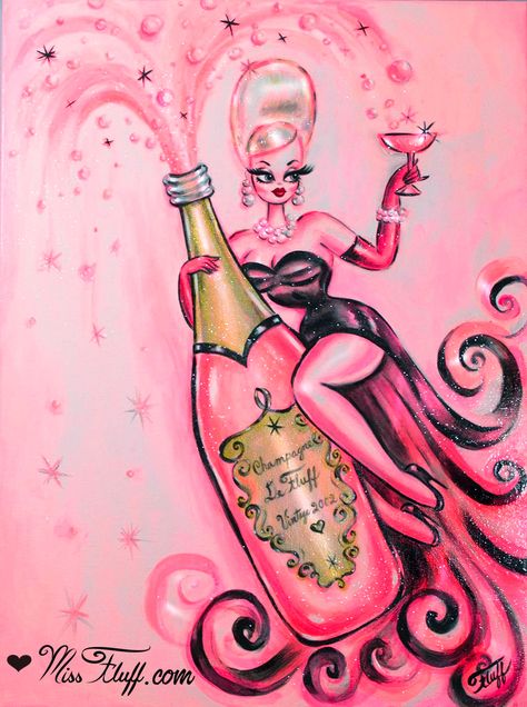 Happy New Year!   Cheers to a fabulous 2019! #newyear #happynewyear Original art by Claudette Barjoud, a.k.a Miss Fluff. If you enjoy this art I invite you to join my private email list for special members only specials and giveaways! I am the artist! https://www.missfluff.com/mailing-list.html Gown And Gloves, Pink Champagne Bottle, Classic Pinup, Miniature Nursery, Miss Fluff, Josephine Wall, Bouffant Hair, Vintage Inspired Art, Glamour Dolls