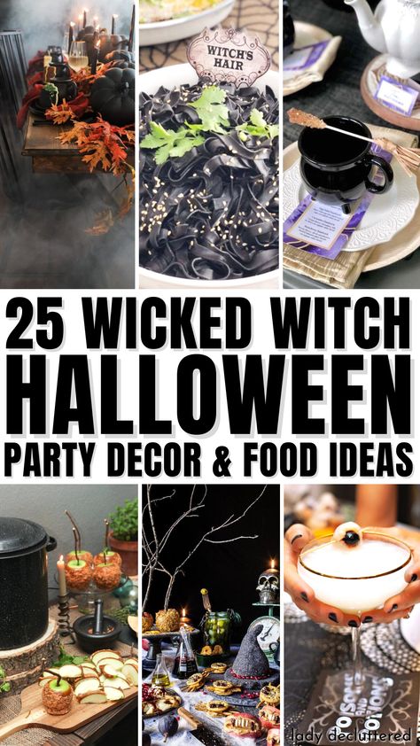 25 Wicked Witch Halloween Party Decor and Food Ideas Good Witch Party Ideas, Potion Table Halloween, Witches Brew Party Ideas, Witch And Wine Party, Witch's Night Out, Witches Brew Tea Party, Witches Coven Halloween, Housewarming Halloween Party, Witchcraft Party Ideas