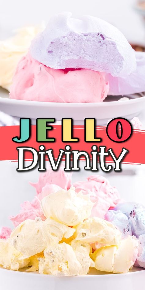 Jello Divinity Candy Dessert Jello Divinity Recipe, Jello Divinity, Divinity Recipe, Homemade Jello, Jello Cookies, Divinity Candy, Holiday Candy Recipes, Jello Flavors, Southern Desserts