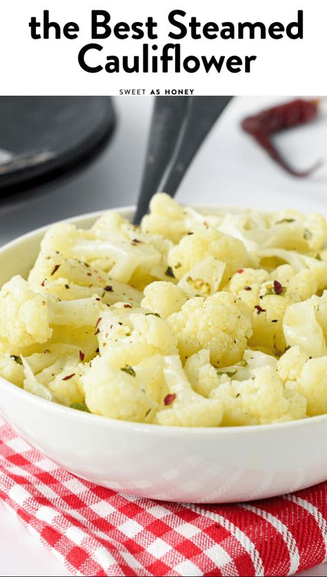 An easy 15 minutes Steamed Cauliflower recipe perfect as a low-carb keto friendly side dish or light dinner. Best Cauliflower Recipe, Cauliflower Keto, Low Carb Side Dish, Cauliflower Potatoes Salad, Low Carb Side, Steamed Cauliflower, Cauliflower Recipe, Steam Recipes, Cauliflower Bites