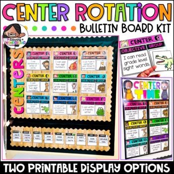 Cut down on transition time with this center rotation board! Just rotate the group cards to the next center and your students will know exactly where to go! My district requires displayed objectives for all subjects and activities. I tried displaying them in different ways, but nothing worked for us... Centers Chart Rotation, Student Center Bulletin Board Ideas, First Grade Center Rotation Chart, Rotation Charts For Centers, Center Rotation Charts Kindergarten, Center Rotation Charts Preschool, Prek Center Rotation Chart, Group Rotation Chart, Kindergarten Centers Rotation