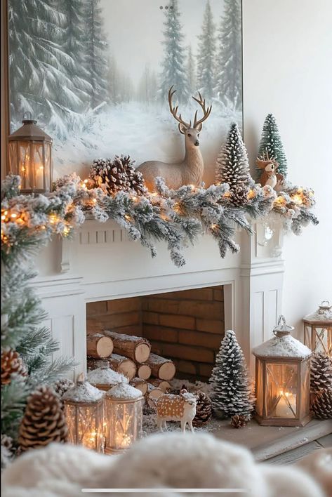 Xmas Sleigh Decorations, Fireplace With Candles Ideas, White Christmas Mantel Decorating Ideas, Diy Modern Christmas Decor, Holiday Christmas Decor, Corner Mantel Decorating Ideas, Fireplace Christmas Ideas, Mantel Christmas Decorating Ideas, Colonial Christmas Decorating